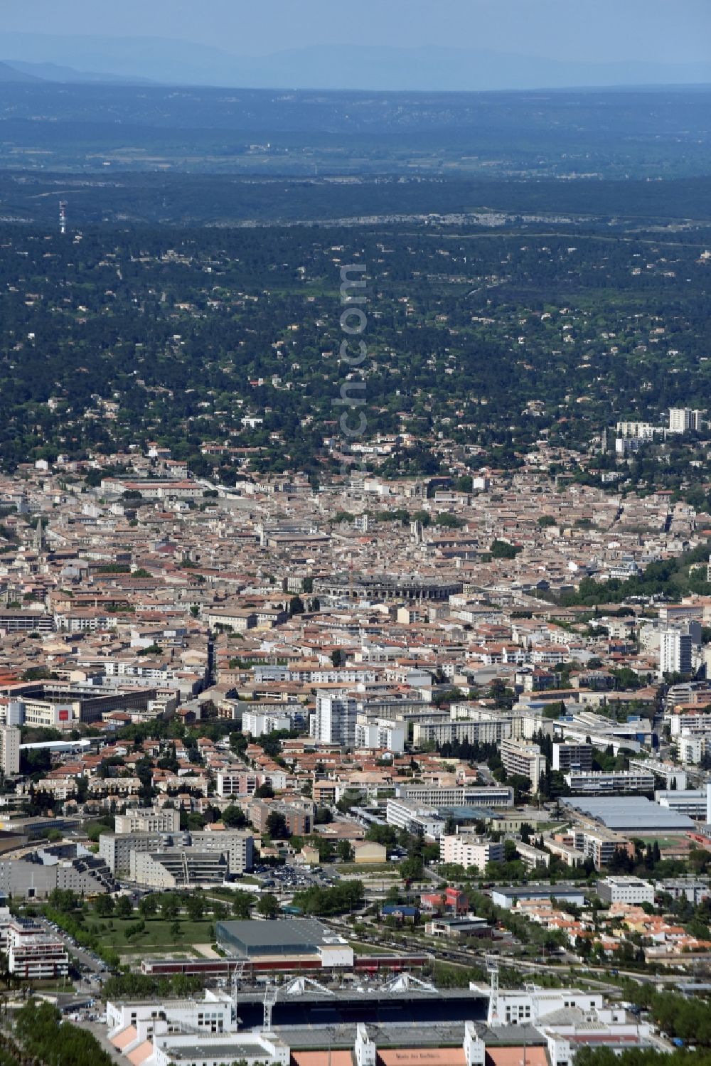 Aerial image Nîmes - City view of the city area of in Nimes in Languedoc-Roussillon Midi-Pyrenees, France
