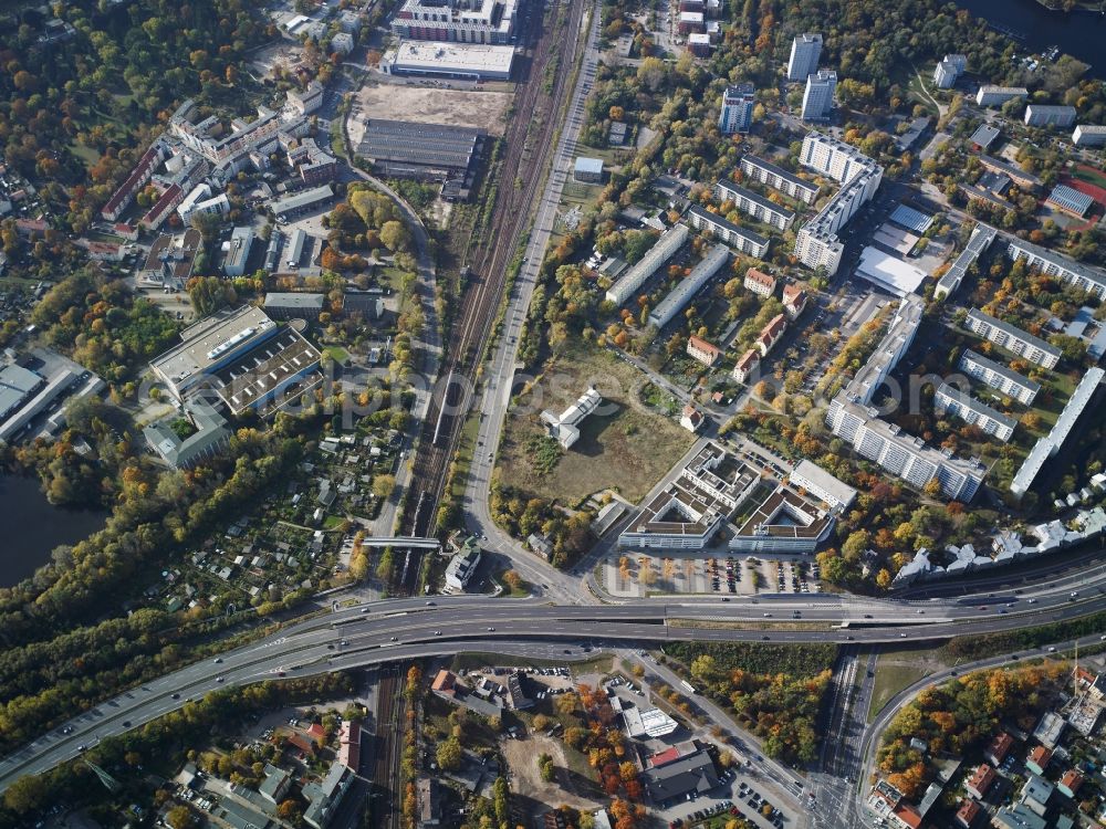 Aerial photograph Potsdam - City view of the inner-city area of Nuthestrasse running over trackage in the distrct Babelsberg in Potsdam in the state Brandenburg