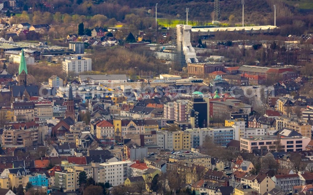 Bochum from the bird's eye view: City view on down town in the district Wattenscheid in Bochum in the state North Rhine-Westphalia, Germany