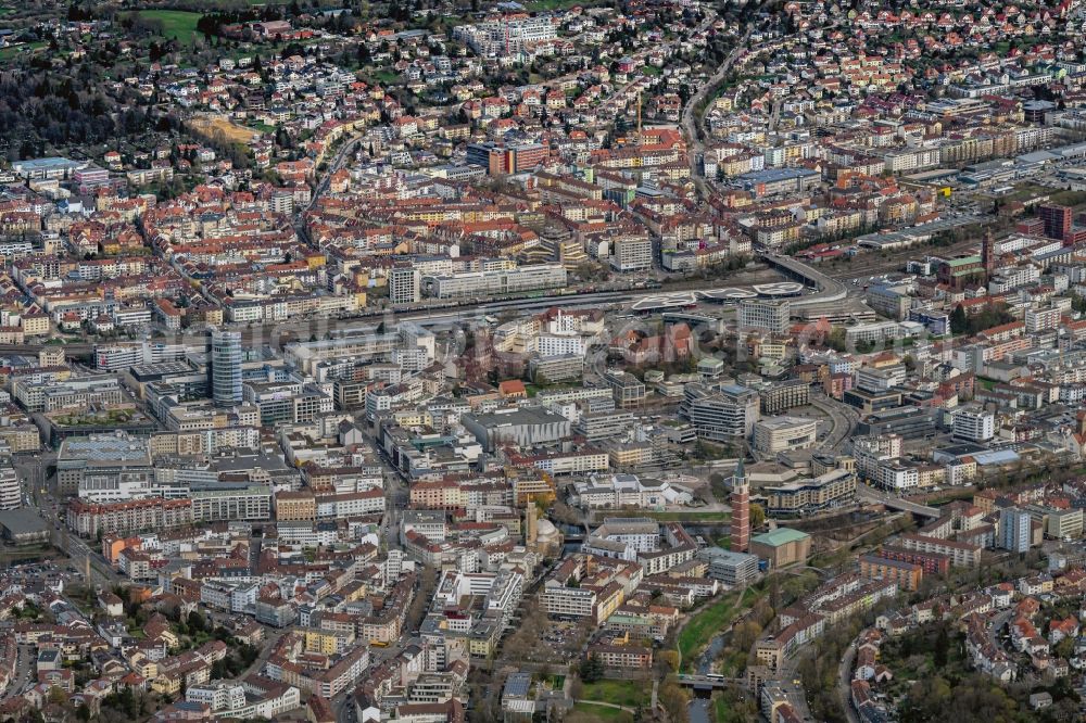 Pforzheim from the bird's eye view: City view from the city centre with the main station Pforzheim and the central bus station (ZOB) in Pforzheim in the federal state Baden-Wuerttemberg, Germany