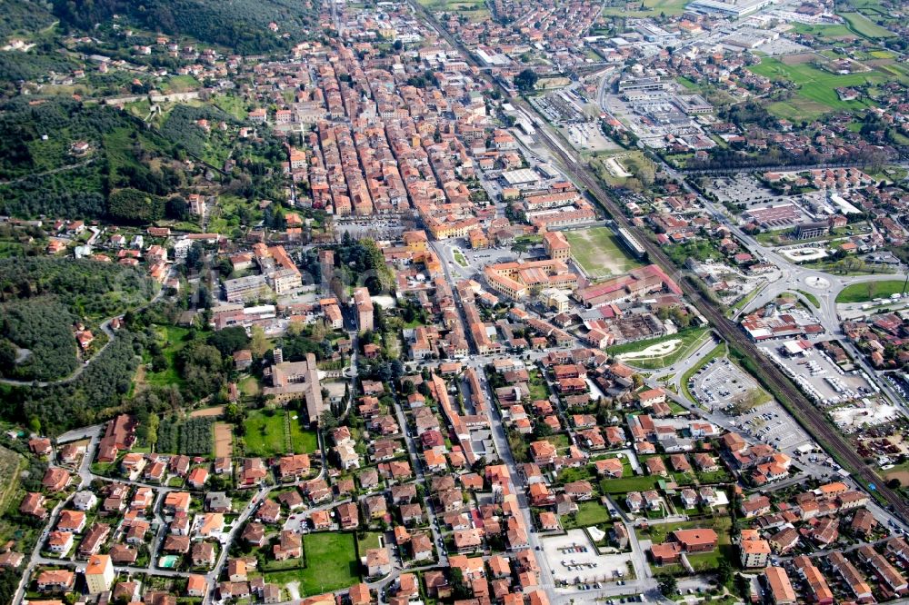 Pietrasanta from the bird's eye view: City view of the city area of in Pietrasanta in Toskana, Italy