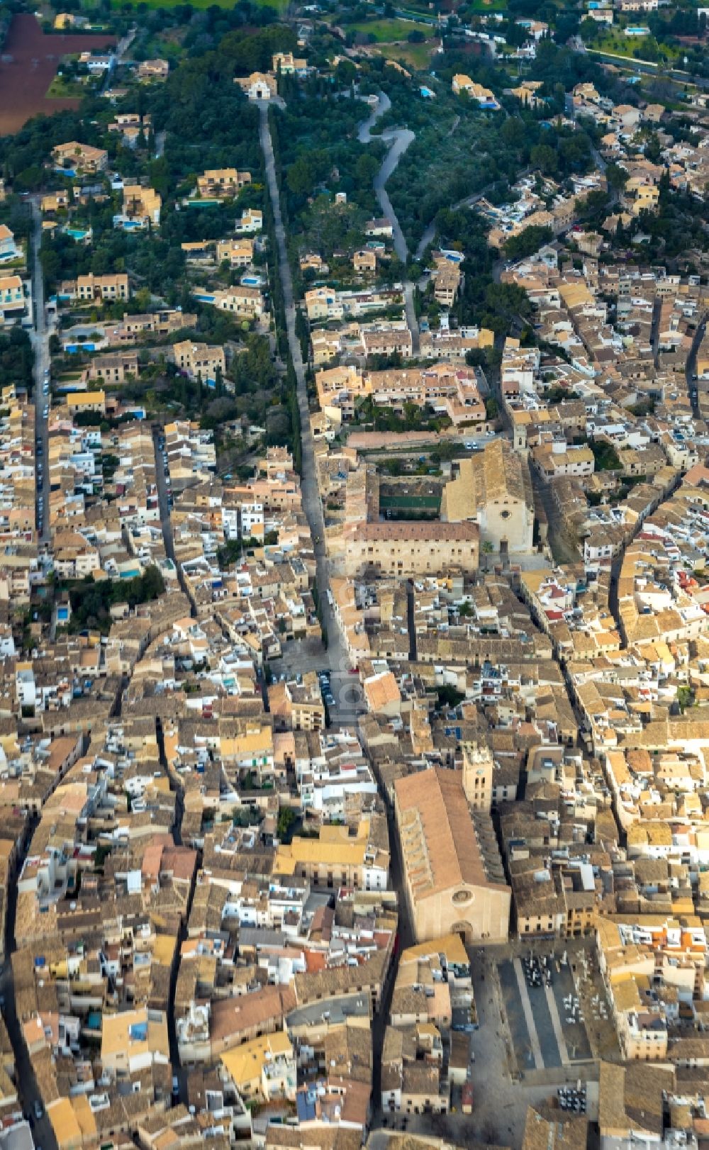 Aerial image Pollenca - City view on down town in Pollenca in Balearische Insel Mallorca, Spain