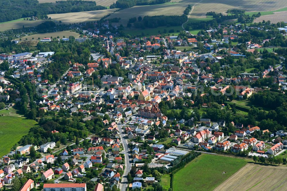 Pulsnitz from above - City view on down town on street Goethestrasse in Pulsnitz in the state Saxony, Germany