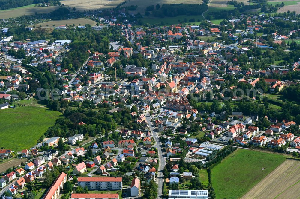 Pulsnitz from the bird's eye view: City view on down town on street Goethestrasse in Pulsnitz in the state Saxony, Germany