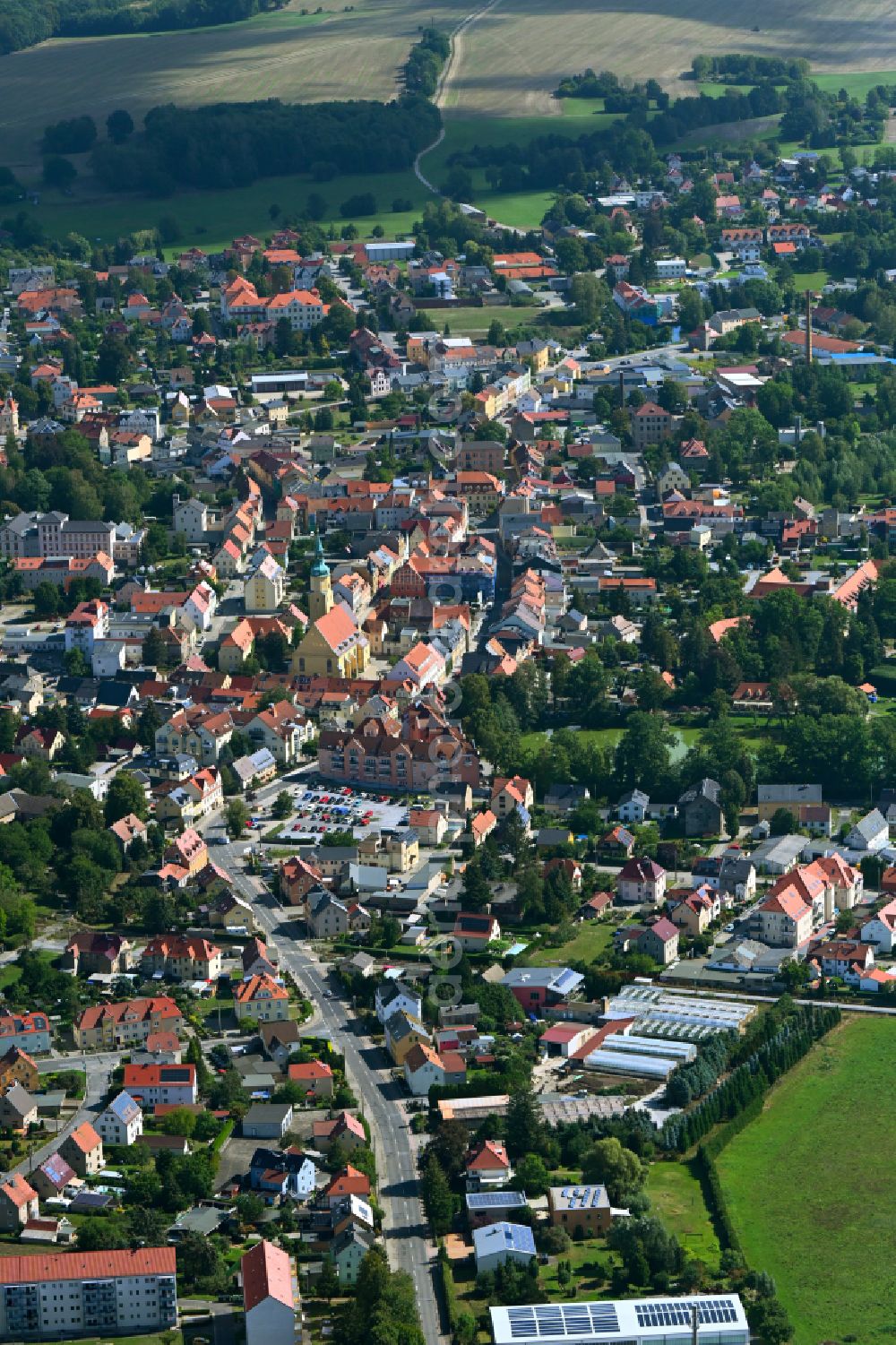 Aerial image Pulsnitz - City view on down town on street Goethestrasse in Pulsnitz in the state Saxony, Germany