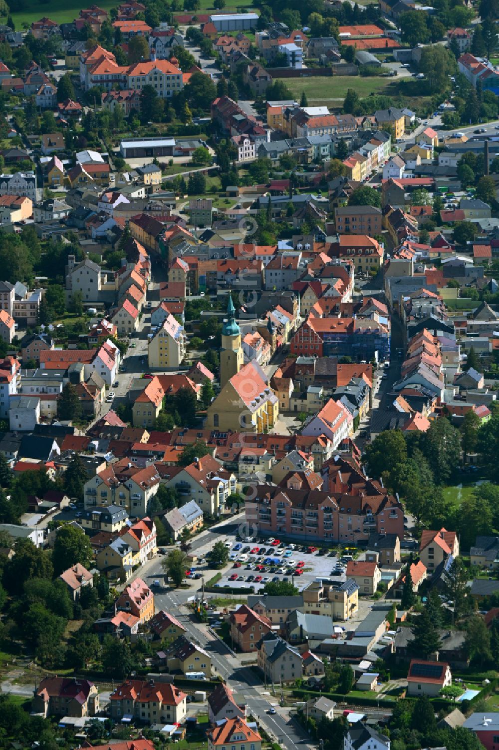 Aerial photograph Pulsnitz - City view on down town on street Goethestrasse in Pulsnitz in the state Saxony, Germany