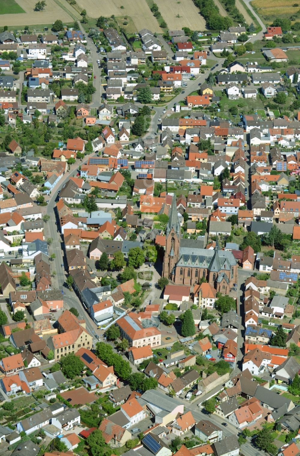 Rheinsheim from the bird's eye view: City view of the inner-city area of in Rheinsheim in the state Baden-Wuerttemberg