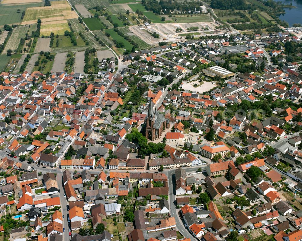 Aerial image Rheinsheim - City view on down town in Rheinsheim in the state Baden-Wuerttemberg, Germany