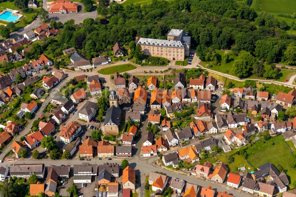 Aerial photograph Rhoden - City view on down town in Rhoden in the state Hesse, Germany