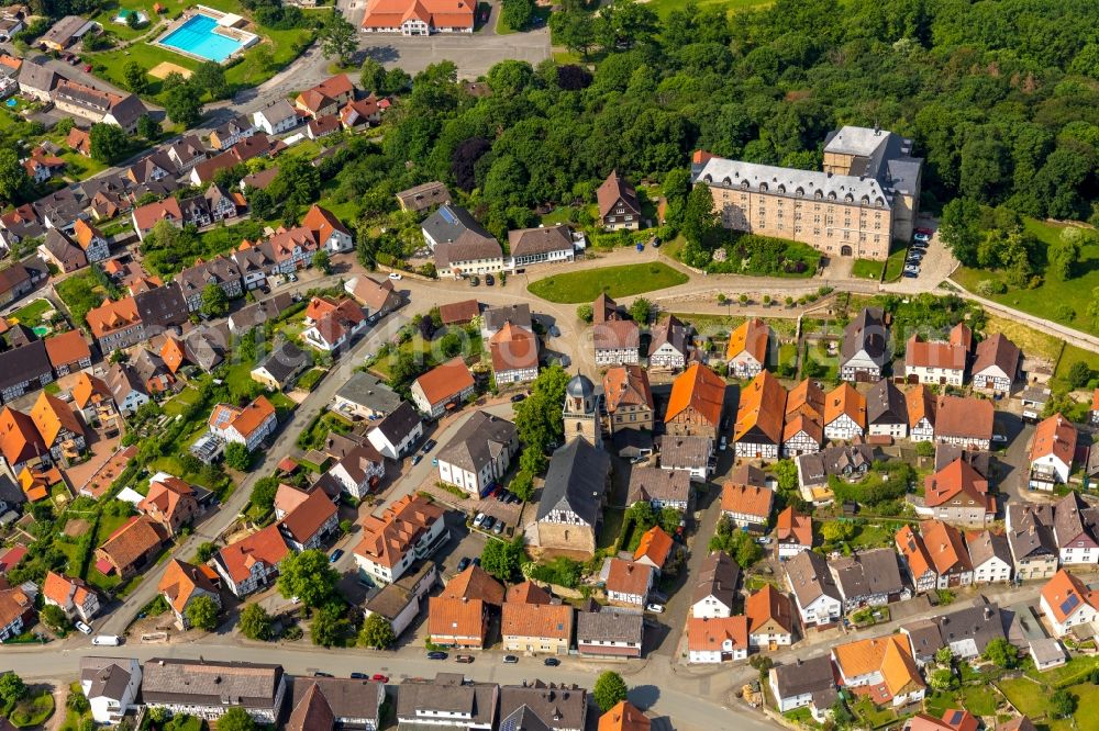 Rhoden from above - City view on down town in Rhoden in the state Hesse, Germany