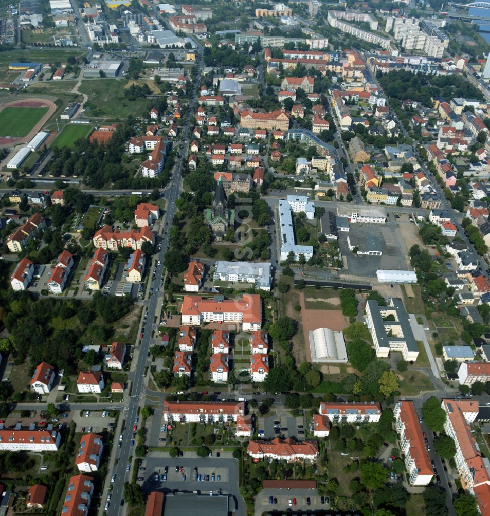 Riesa from above - City view of the inner-city area at the crossroads of Pausitzer Strasse and Robert-Koch-Strasse in Riesa in the state Saxony