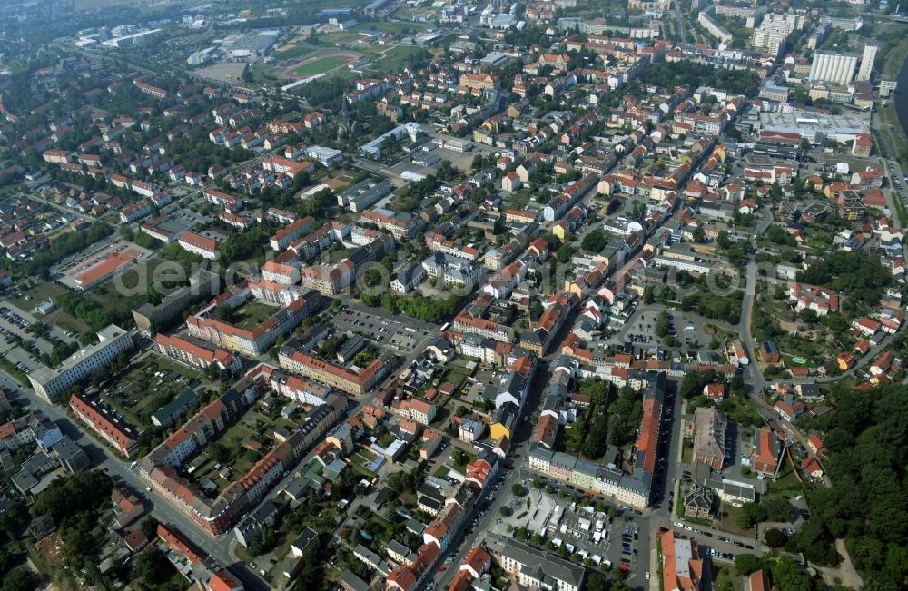 Riesa from above - City view of the inner-city area at the crossroads of Parkstrasse and Hauptstrasse in Riesa in the state Saxony