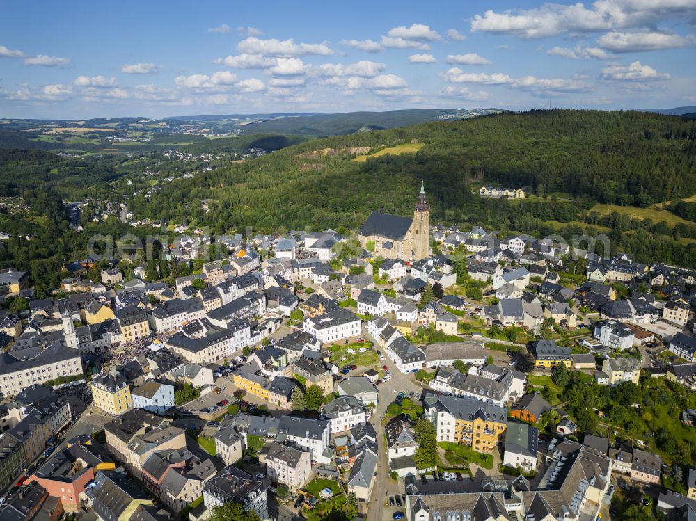 Aerial image Schneeberg - City view of the city centre with the church of St. Wolfgang in Schneeberg in Saxony, Germany