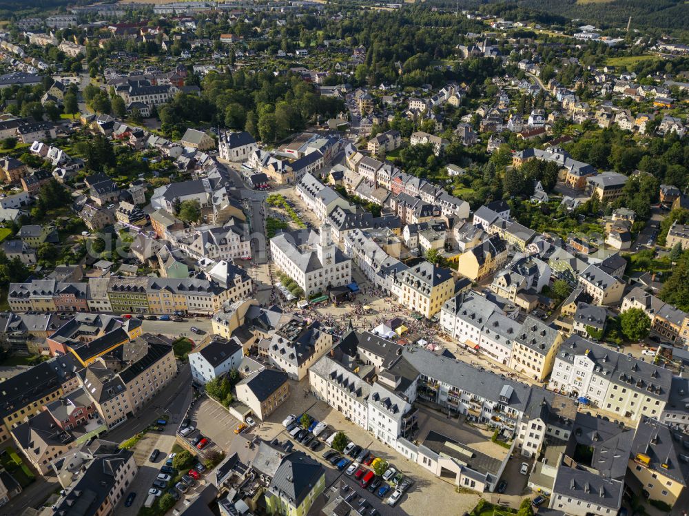 Schneeberg from above - City view of the city centre with the church of St. Wolfgang in Schneeberg in Saxony, Germany