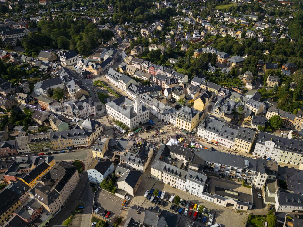 Schneeberg from the bird's eye view: City view of the city centre with the church of St. Wolfgang in Schneeberg in Saxony, Germany