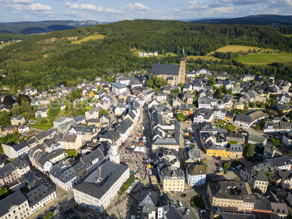 Aerial image Schneeberg - City view of the city centre with the church of St. Wolfgang in Schneeberg in Saxony, Germany