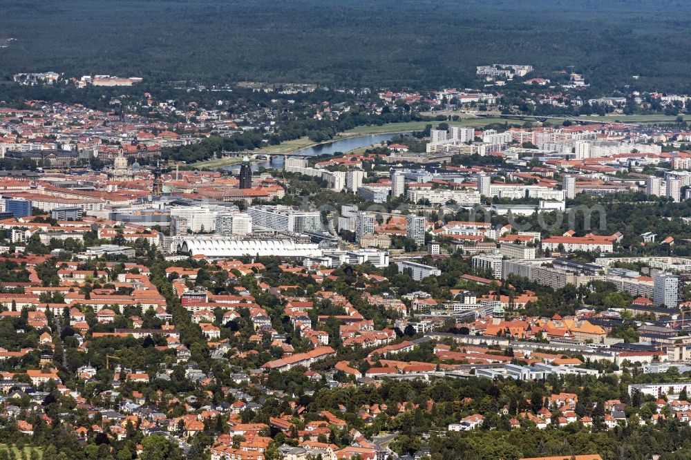 Dresden from the bird's eye view: City view on down town and of Suedvorstadt in Dresden in the state Saxony, Germany