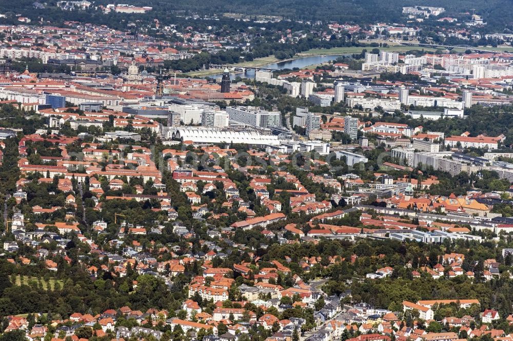 Aerial photograph Dresden - City view on down town and of Suedvorstadt in Dresden in the state Saxony, Germany