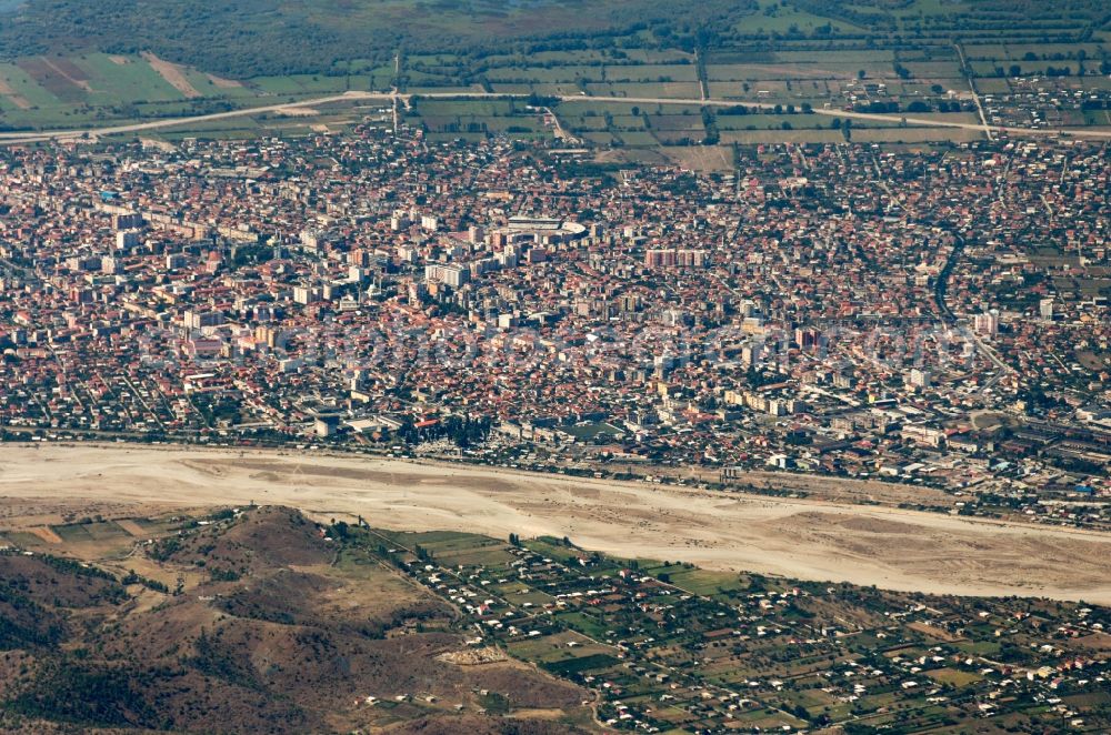 Shkodra from the bird's eye view: City view of the inner-city area of in Shkodra in Albanien