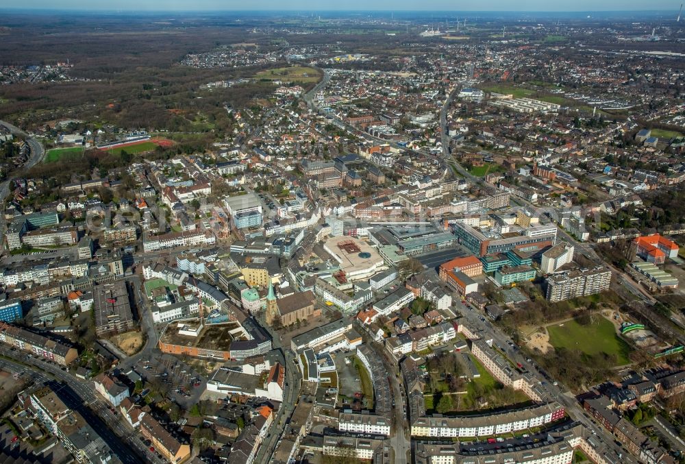 Aerial image Bottrop - City view of the city area of Stadtmitte in Bottrop in the state North Rhine-Westphalia