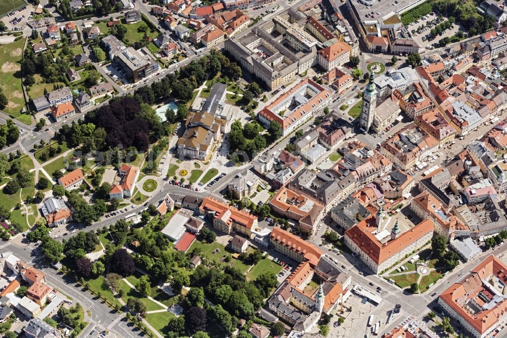 Innere Stadt from above - City view on down town with dem Stadttheater Klagenfurt, of Alpen Adria Galerie and of Pfarrkirche Klagenfurt-St.Egid in Klagenfurt in Kaernten, Austria