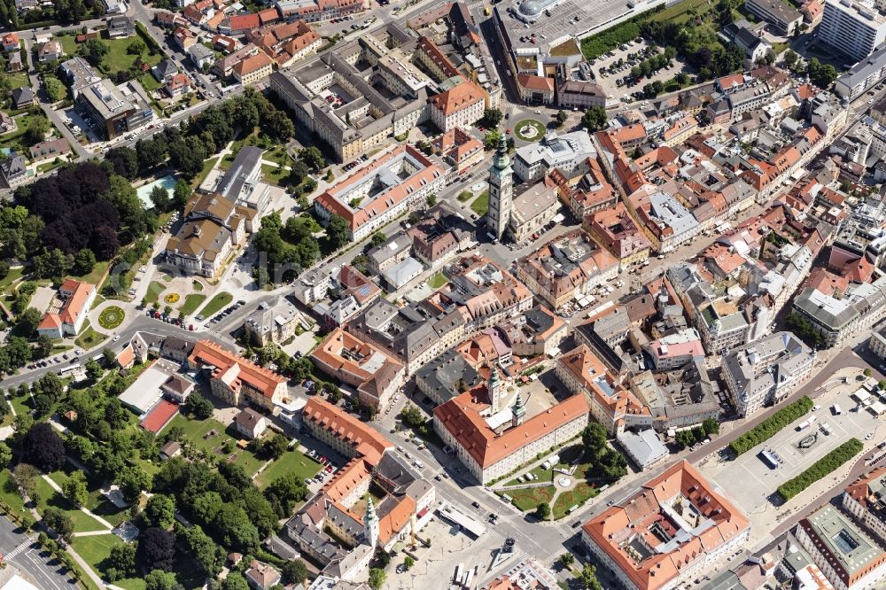 Aerial photograph Innere Stadt - City view on down town with dem Stadttheater Klagenfurt, of Alpen Adria Galerie and of Pfarrkirche Klagenfurt-St.Egid in Klagenfurt in Kaernten, Austria