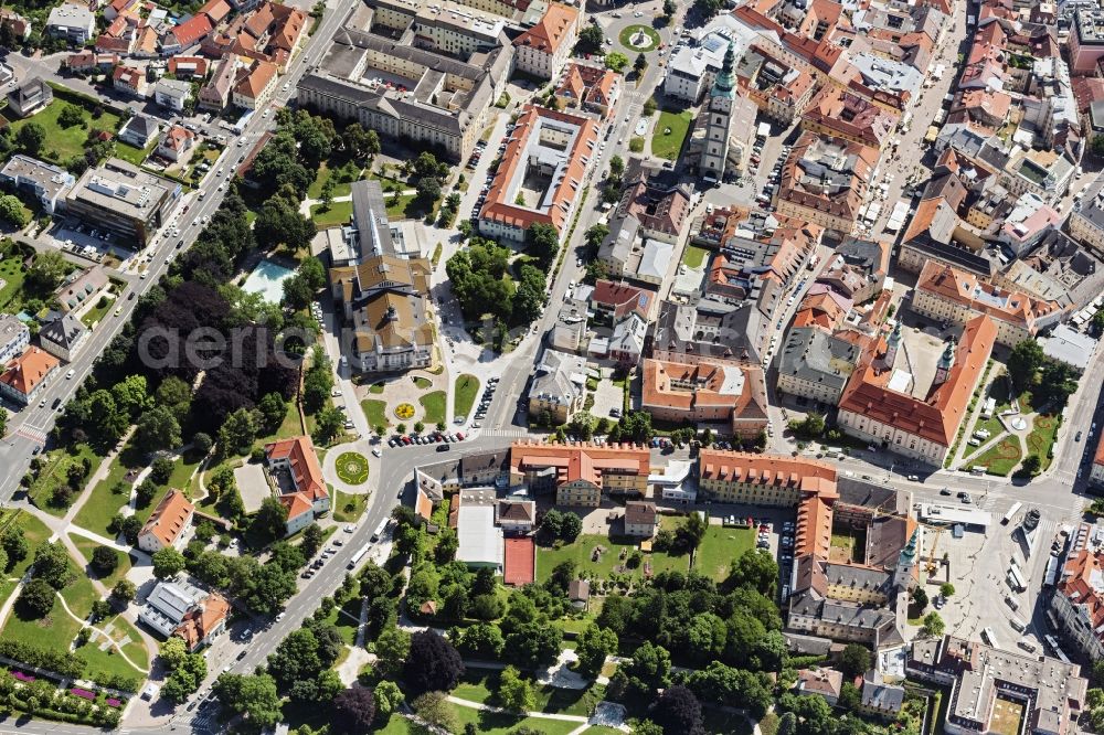 Aerial photograph Innere Stadt - City view on down town with dem Stadttheater Klagenfurt, of Alpen Adria Galerie and of Pfarrkirche Klagenfurt-St.Egid in Klagenfurt in Kaernten, Austria