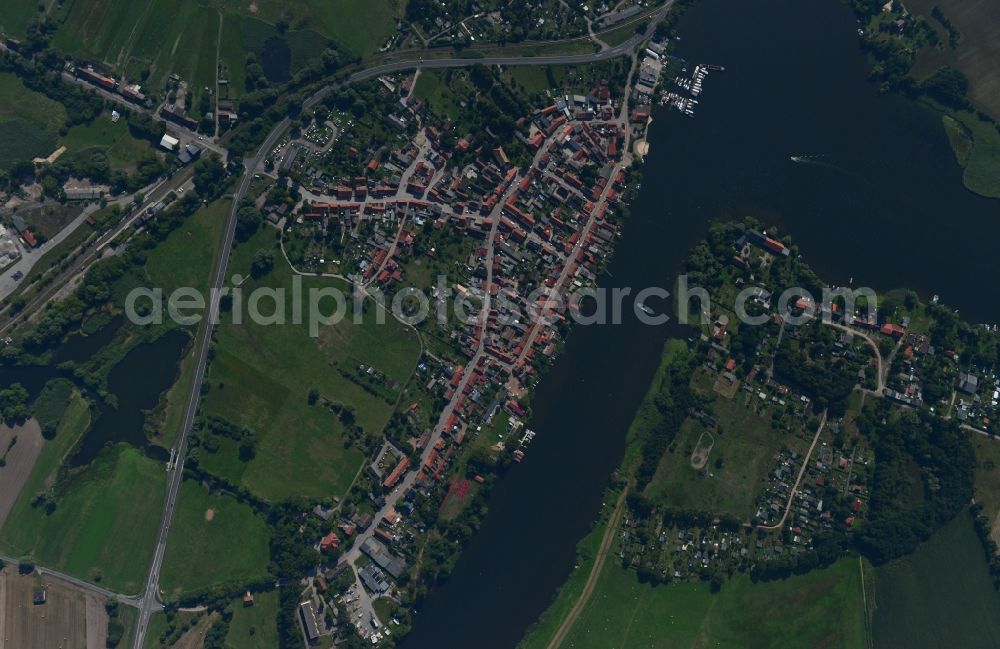 Havelsee from above - Cityscape of downtown area and the city center on the banks of Beetzsees in Havelsee in Brandenburg