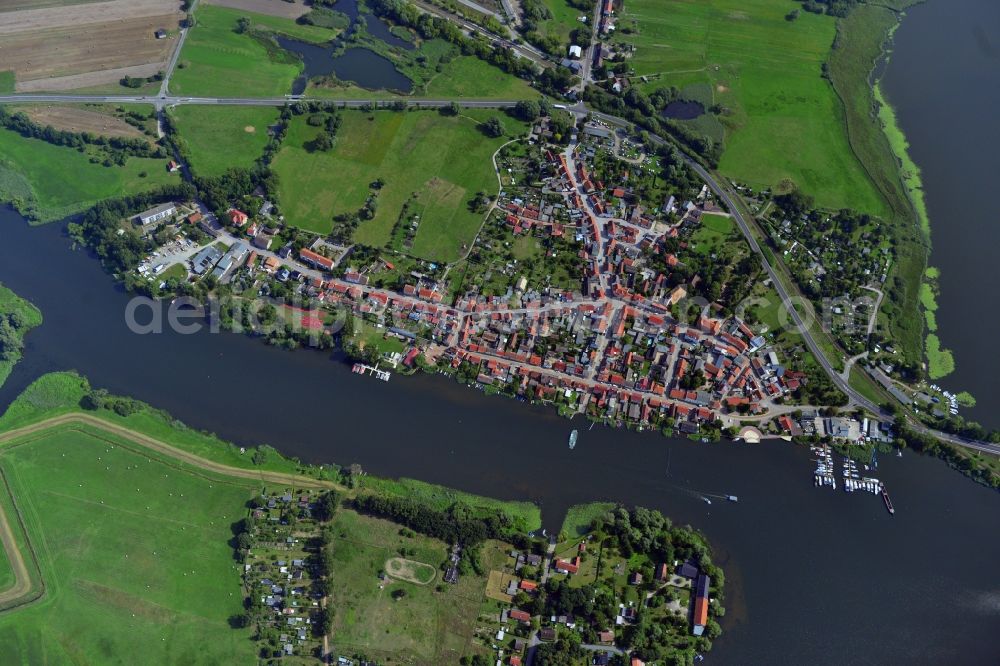 Havelsee from above - Cityscape of downtown area and the city center on the banks of Beetzsees in Havelsee in Brandenburg