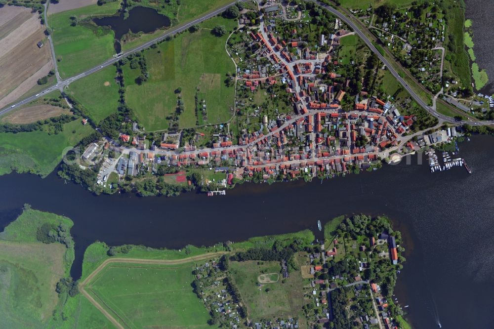 Havelsee from above - Cityscape of downtown area and the city center on the banks of Beetzsees in Havelsee in Brandenburg