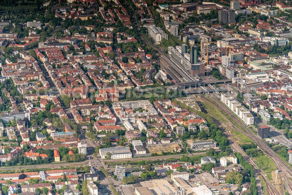 Freiburg im Breisgau from the bird's eye view: City view on down town Stuehlinger and Central Station in Freiburg im Breisgau in the state Baden-Wurttemberg, Germany