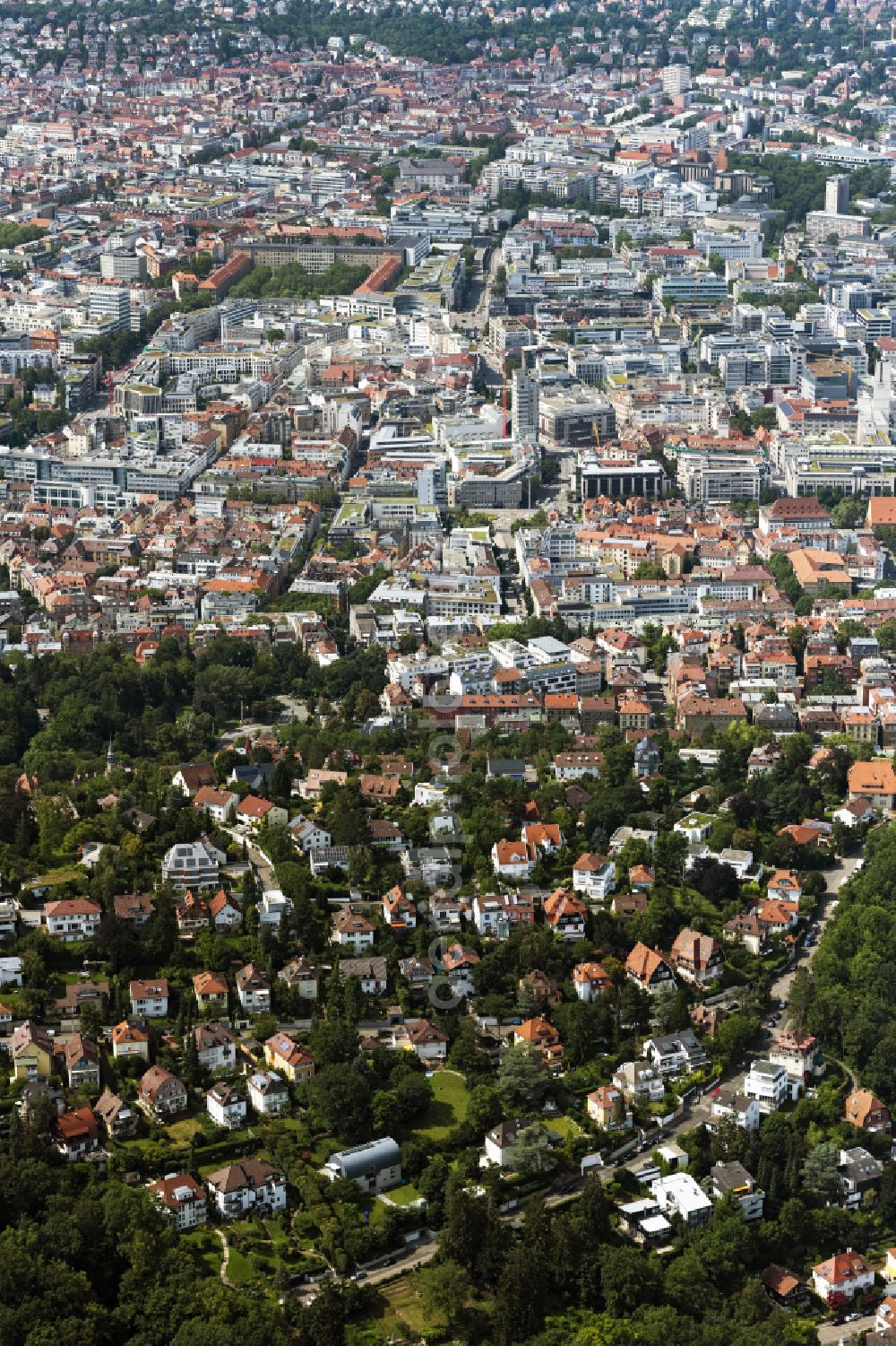 Stuttgart from above - City view on down town in Stuttgart in the state Baden-Wuerttemberg, Germany