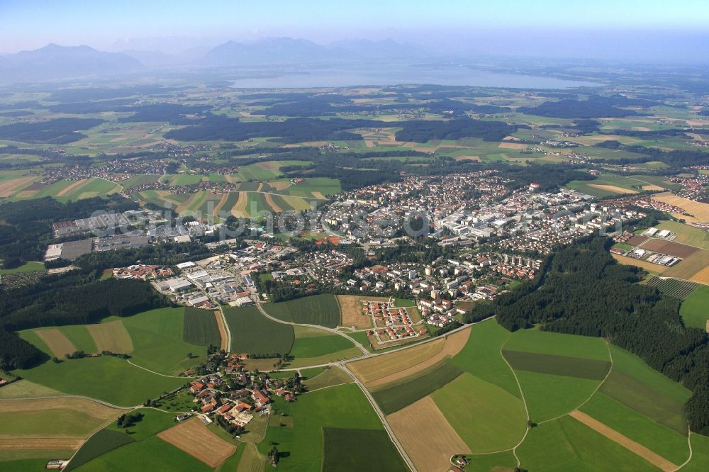 Traunreut from above - City view on down town in Traunreut in the state Bavaria, Germany