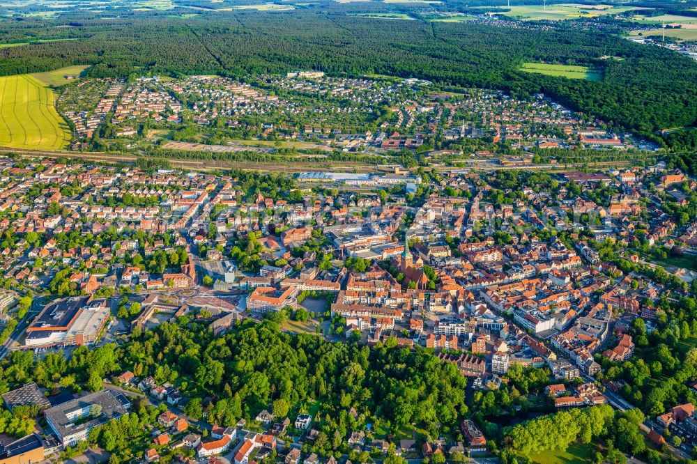 Uelzen from above - City view on down town on street Gross Liederner Strasse in Uelzen in the state Lower Saxony, Germany