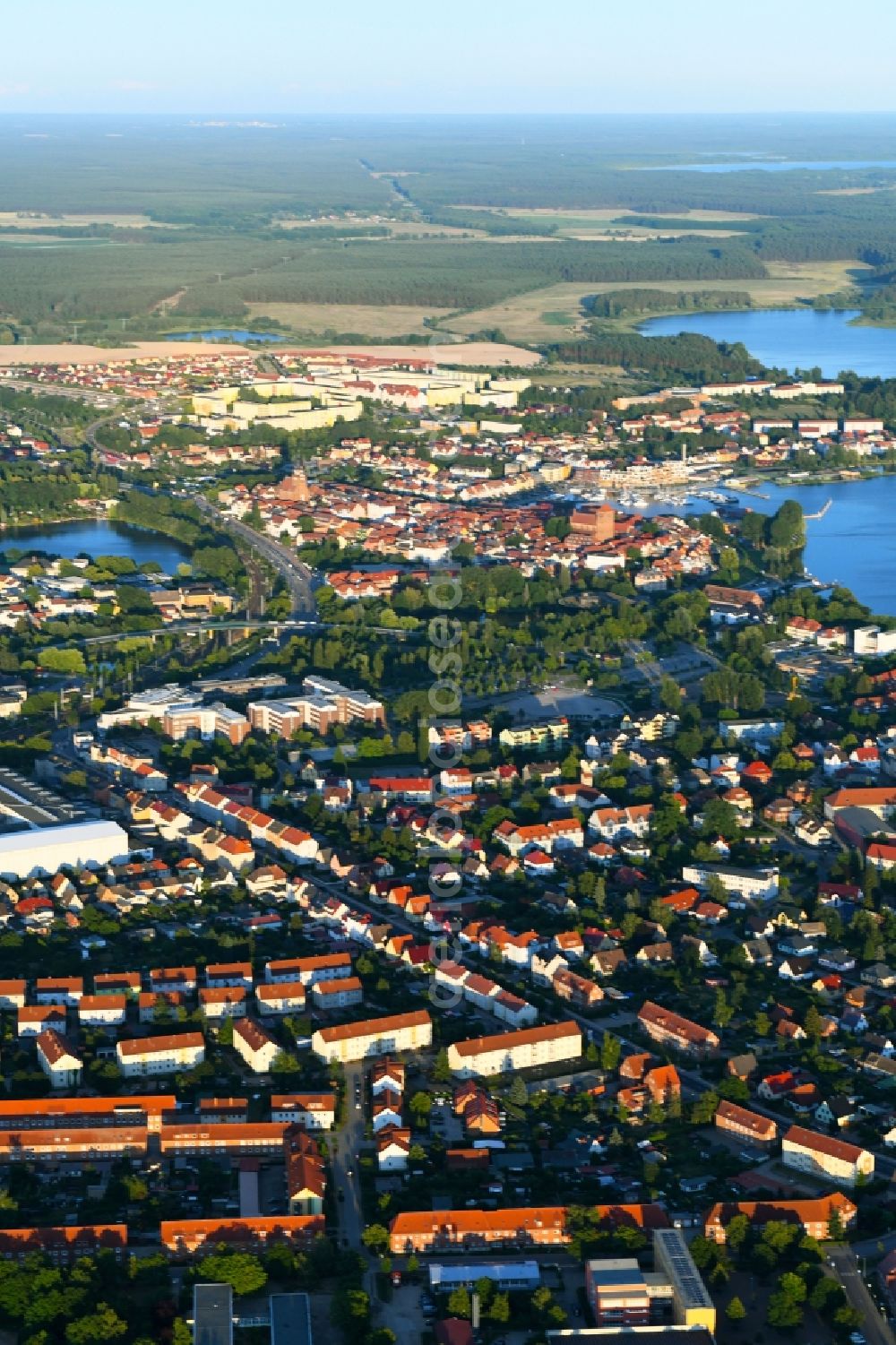 Waren (Müritz) from above - City view of the city area of in Waren (Mueritz) in the state Mecklenburg - Western Pomerania, Germany