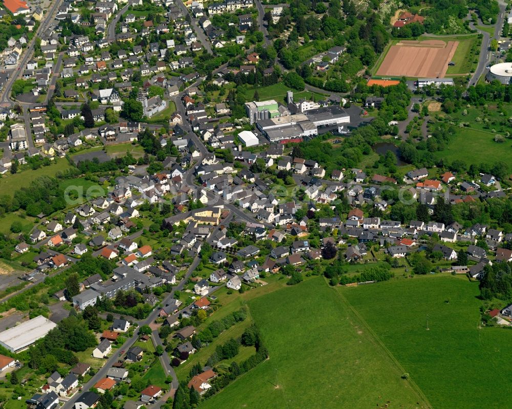 Hachenburg from the bird's eye view: Cityscape of downtown area with the Westerwald-Brauerei H. Schneider GmbH & Co. KG in Hachenburg in the state of Rhineland-Palatinate