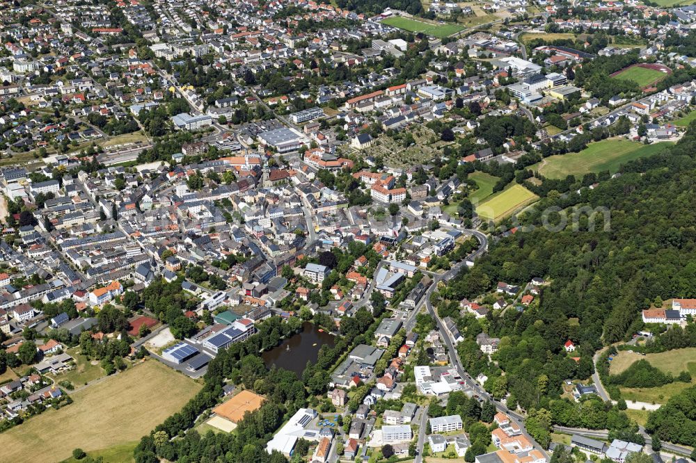 Wunsiedel from above - City view on down town on place Marktplatz in Wunsiedel in the state Bavaria, Germany