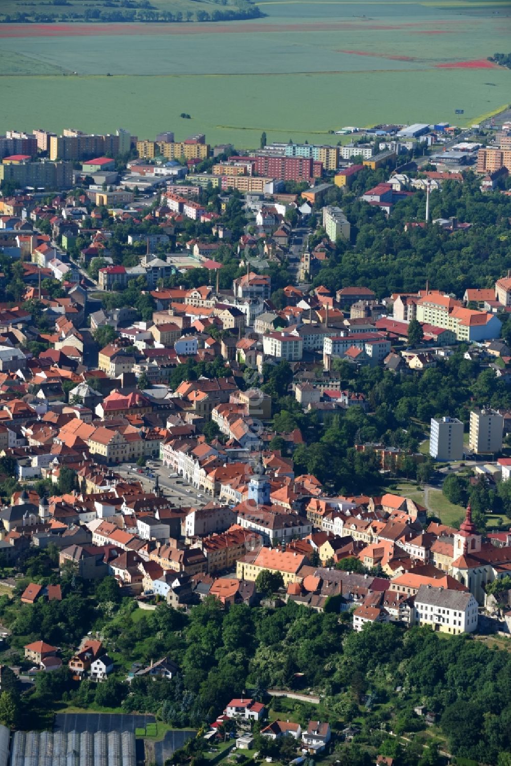 Zatec - Saaz from the bird's eye view: City view of the city area of in Zatec - Saaz in Ustecky kraj - Aussiger Region, Czech Republic