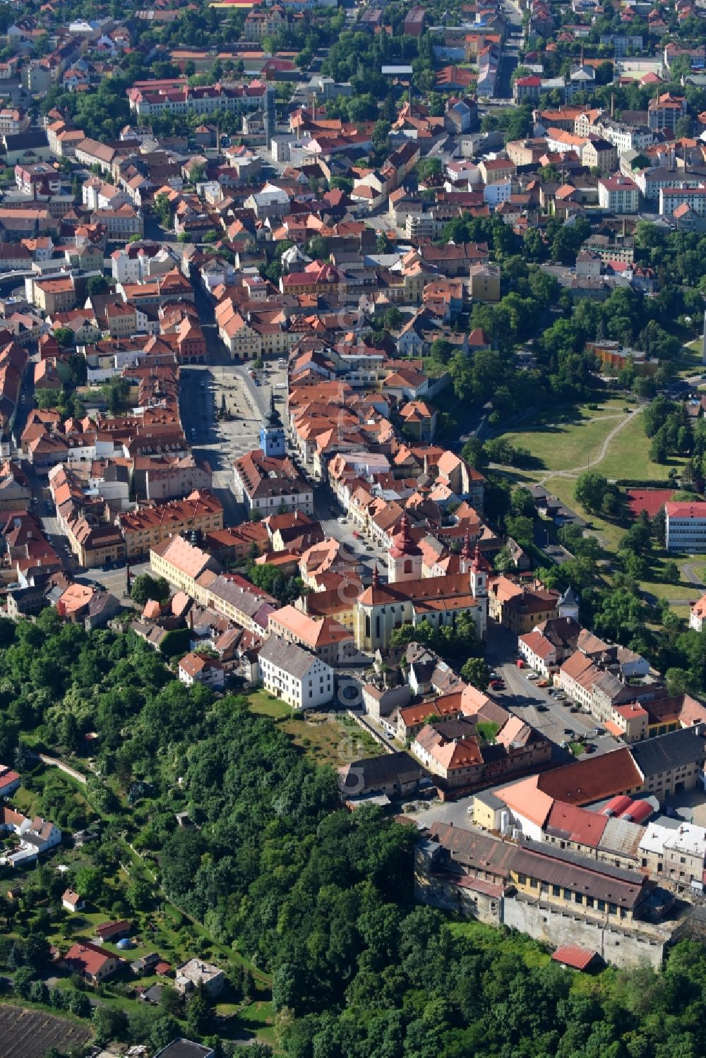 Aerial image Zatec - Saaz - City view of the city area of in Zatec - Saaz in Ustecky kraj - Aussiger Region, Czech Republic