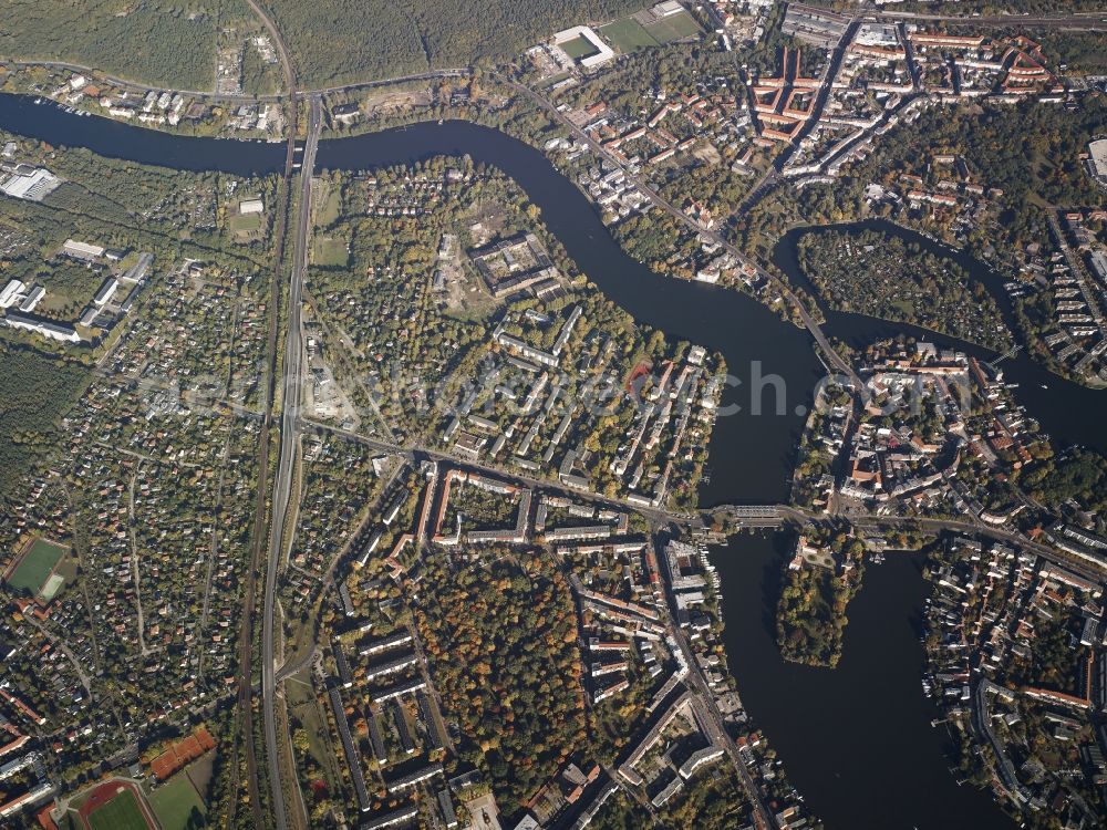 Aerial photograph Berlin - City view of the inner-city area at the junction of the Mueggelspree and the Dahme in Berlin in Germany. Also shown the Baumgarteninsel