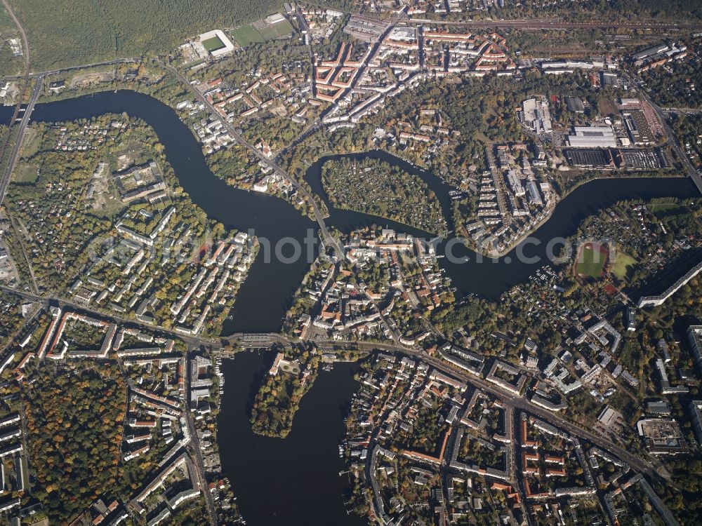 Berlin from above - City view of the inner-city area at the junction of the Mueggelspree and the Dahme in Berlin in Germany. Also shown the Baumgarteninsel