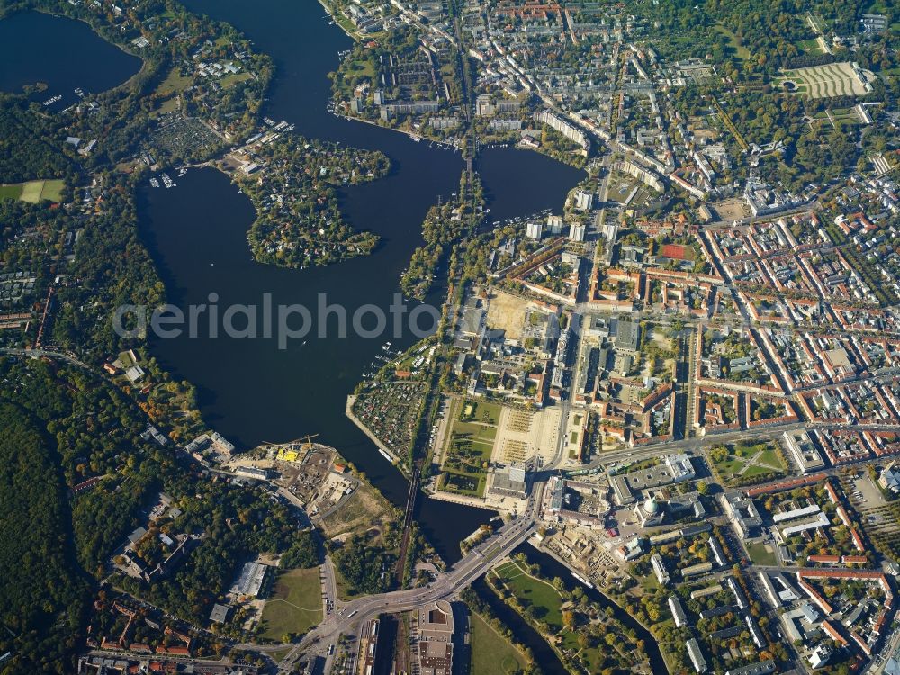 Potsdam from above - Cityscape of downtown area between Havel, Central Station Templiner suburb in Potsdam in Brandenburg