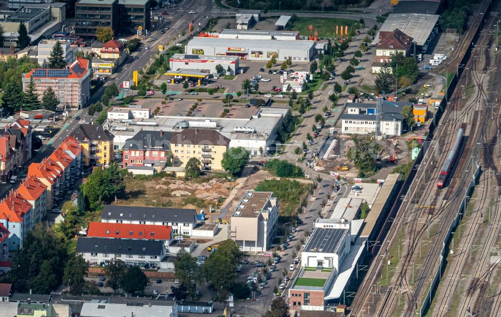 Aerial image Offenburg - City view on down town Zwischen Okenstrasse and Bahnanlage in Offenburg in the state Baden-Wurttemberg, Germany