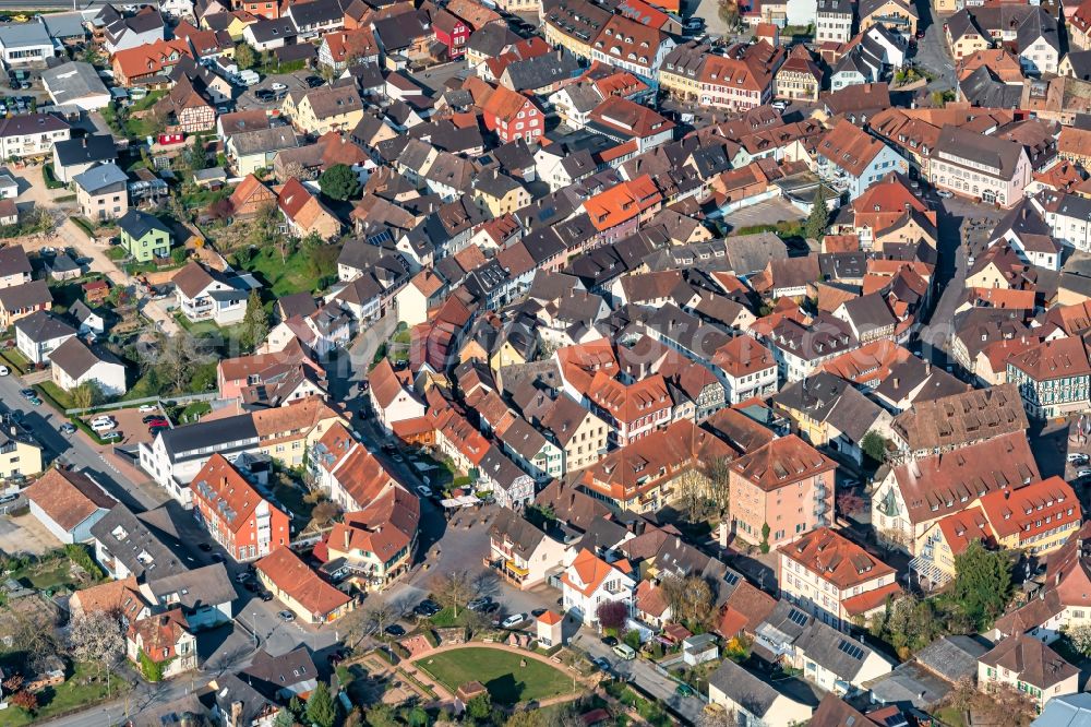 Aerial photograph Ettenheim - City view of downtown area Altstadt Ettenheim with Kirche in Ettenheim in the state Baden-Wuerttemberg, Germany