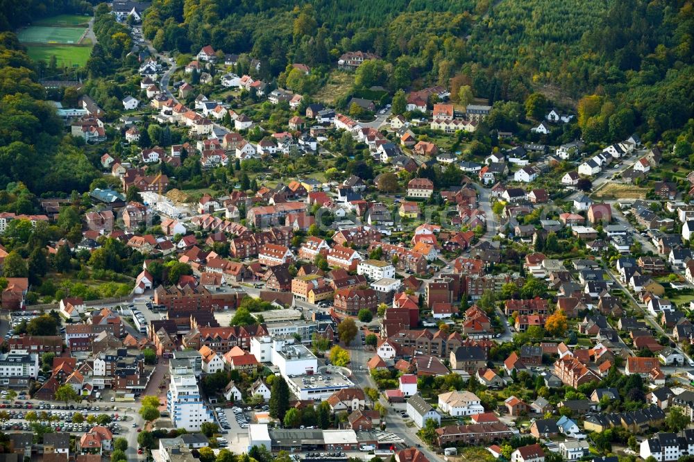 Barsinghausen from above - City view of downtown area along the Altenhofstrasse - Bergstrasse - Rehrbrinkstrasse in Barsinghausen in the state Lower Saxony, Germany