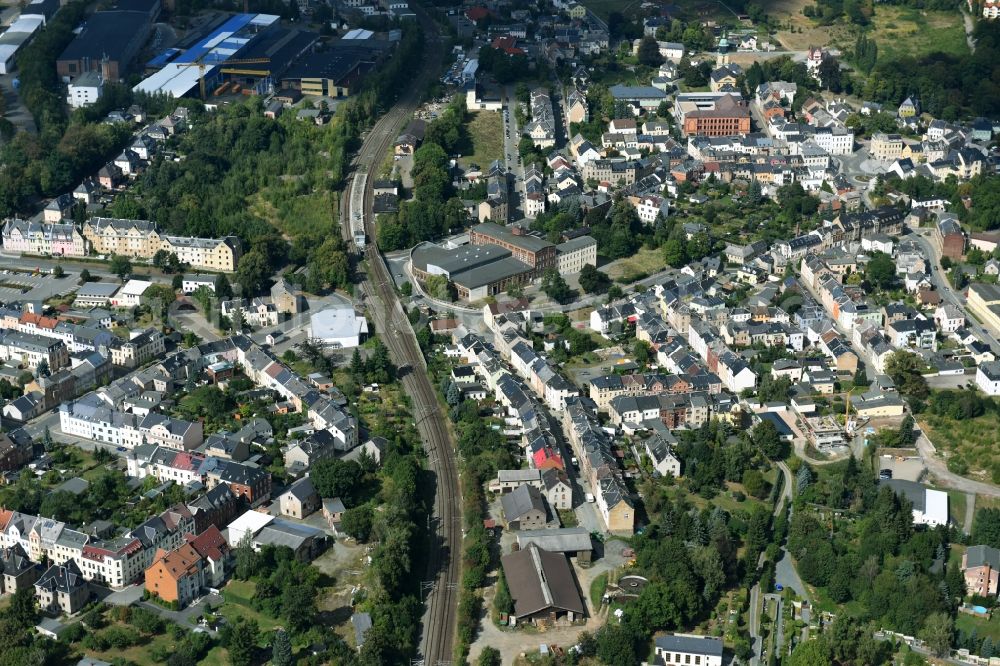 Netzschkau from the bird's eye view: City view of downtown area at the railroad area in Netzschkau in the state Saxony