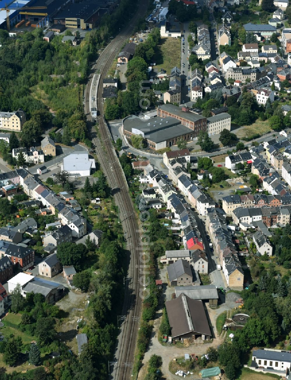 Aerial image Netzschkau - City view of downtown area at the railroad area in Netzschkau in the state Saxony