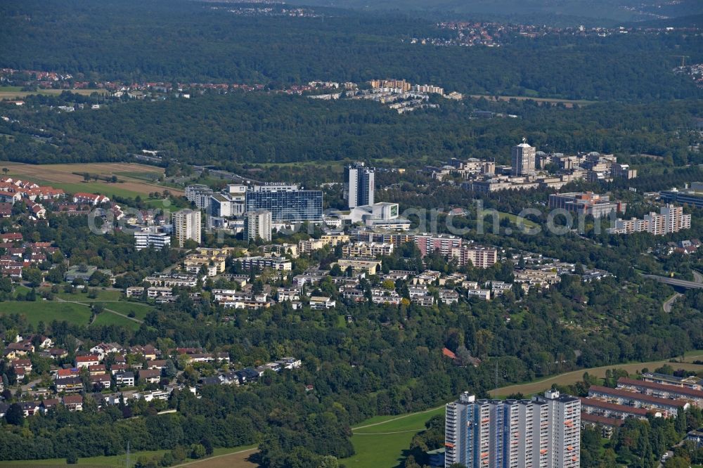 Stuttgart from above - City view of downtown area with view on the Dormero hotel, the stage Apollo theater and the SI-Centrum in Stuttgart in the state Baden-Wuerttemberg