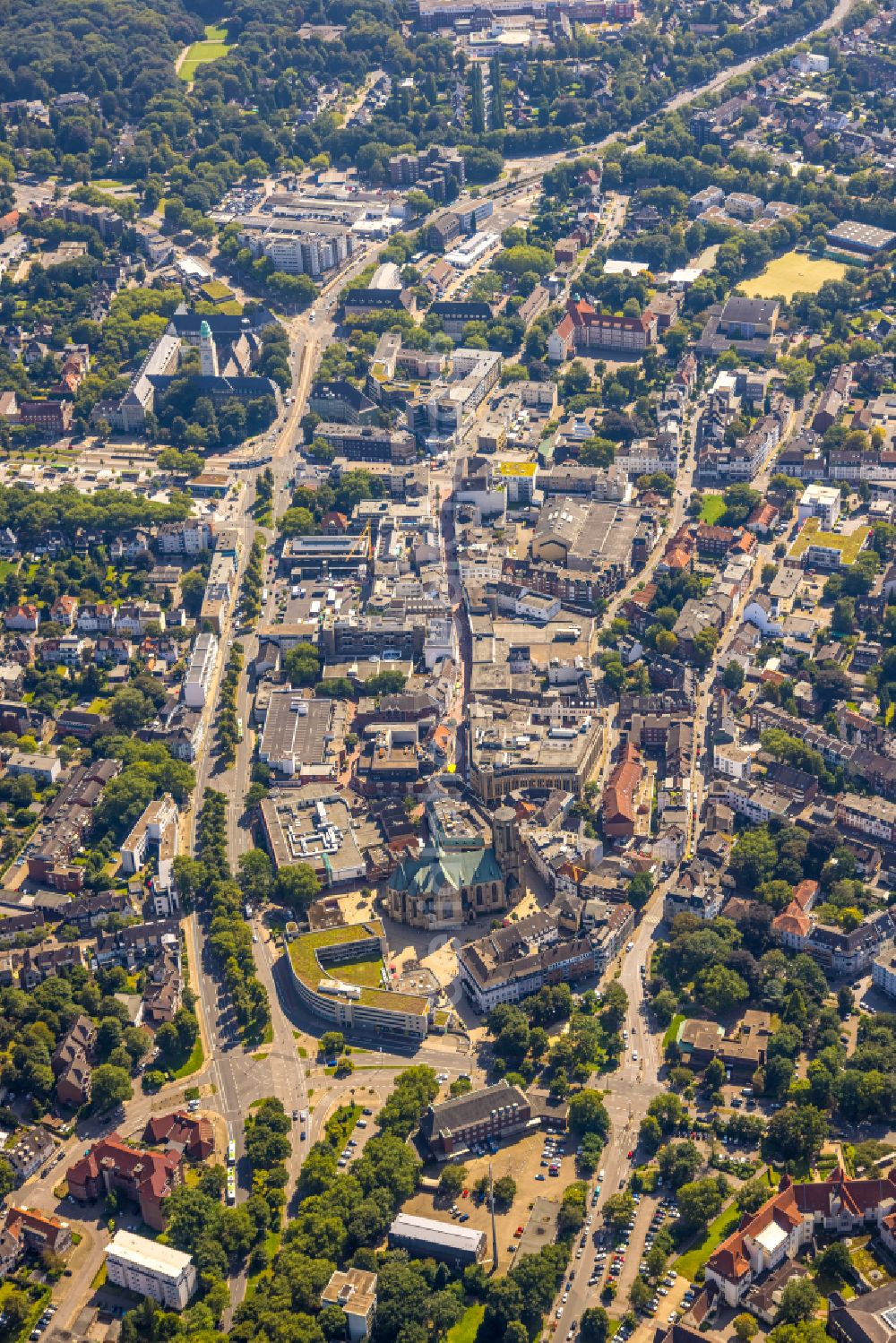 Gelsenkirchen from above - Cityscape of downtown area with the Buer Provost Church St. Urbanus and Springemarkt at the De-La-Chevallerie Street in Gelsenkirchen in North Rhine-Westphalia