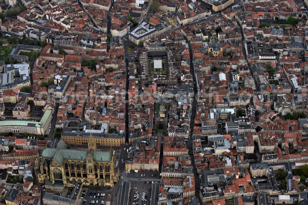 Metz from above - City view of downtown area am Centre Commercial Saint-Jacques on Place du Forum in Metz in Alsace-Champagne-Ardenne-Lorraine, France